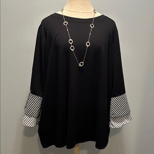 Avenue Black Top with White Striped Sleeves